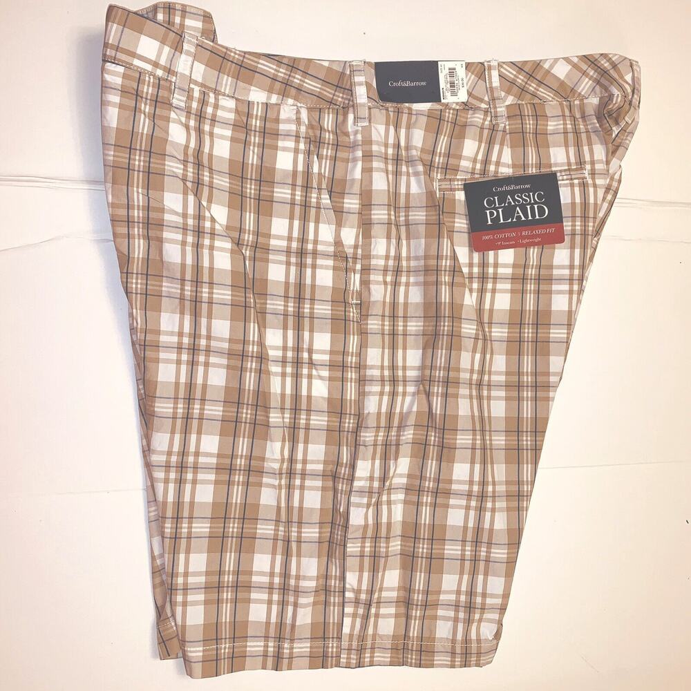 40 Mens Croft & Barrow Classic Relaxed Plaid Brown White Shorts Belt Loops NWT